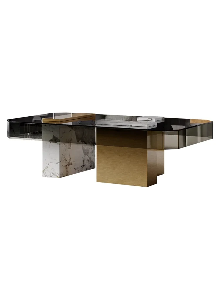 

Modern Minimalist Tea Table Designer Tempered Glass Model Room Hong Kong Style Stainless Steel Italian Coffee Table