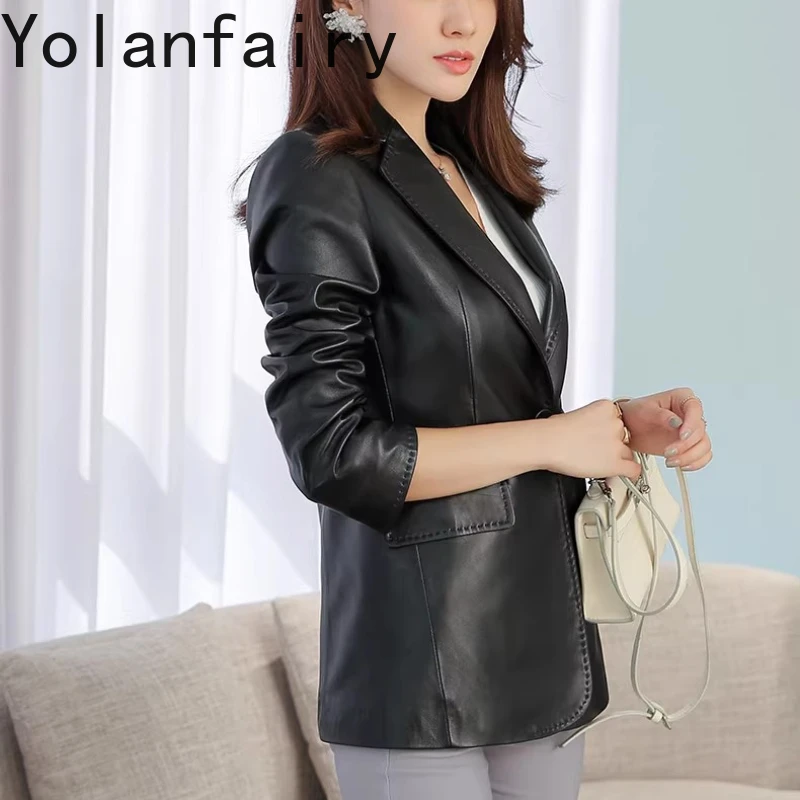 YOLANFAIRY 100% Skórzana Kurtka Damska 2025 Wiosna Jesień Koreańska Moda Dopasowany Krój Prawdziwa Skóra Owcza Kurtki Płaszcze