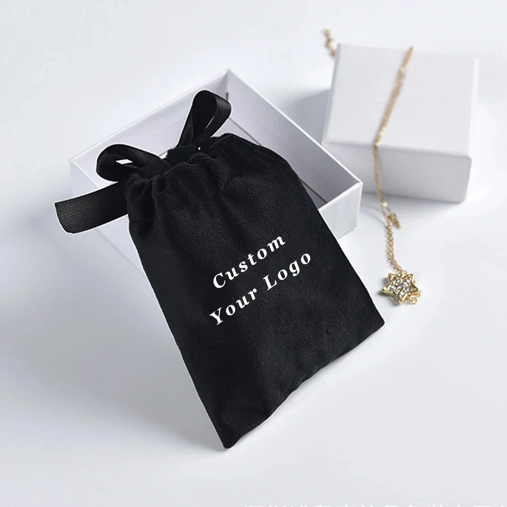 

100Pcs Custom Logo Velvet Flat Drawstring Storage Bag Cosmetics Packing Portable Earrings Bracelet Necklace Container Device