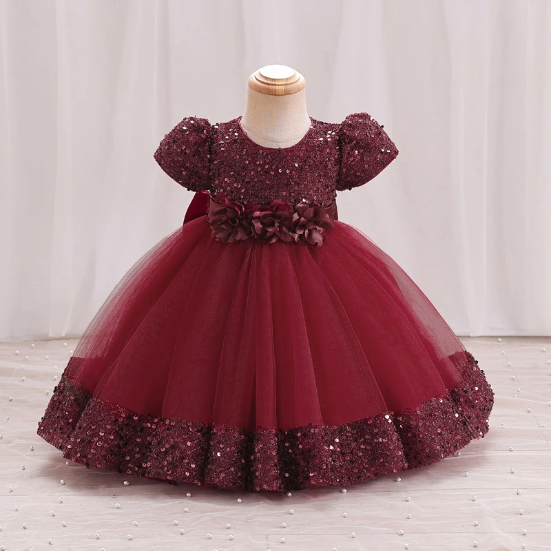 Bow Christmas Baby Girl Dresse Infant Sequin 1st Birthday Red Party Wedding Prom Kids Dresses For Girl Lace Flower Princess Gown