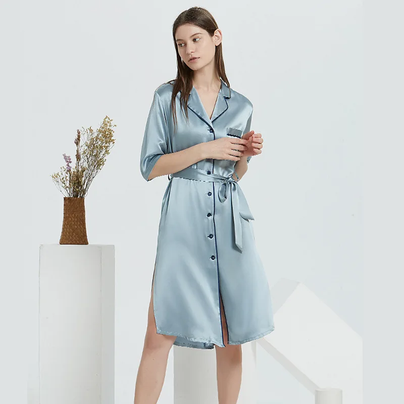 Women 100% Mulberry Silk Nightgown Lapel Collar Half Sleeve Belted Midi Silk Sleep Dress Side Slit Luxury Silk Nightw