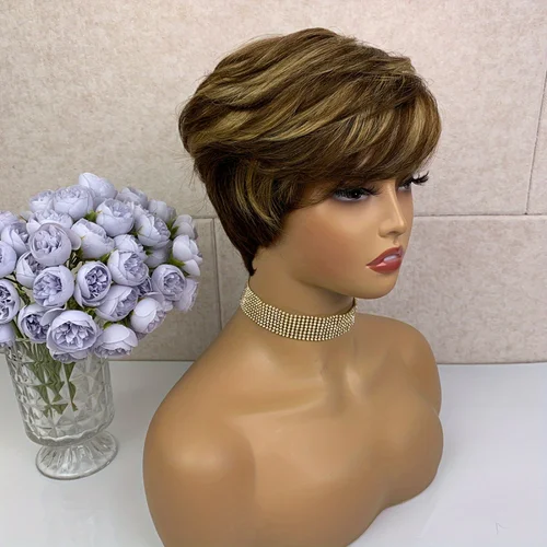 Peluca de corte Pixie con flequillo, peluca corta recta de Color mezclado, cabello humano brasileño Remy, peluca completa hecha a máquina