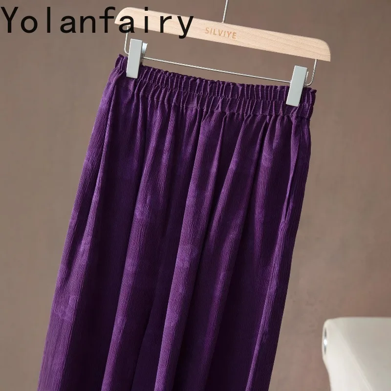 YOLANFAIRY High-end 100% Mulberry Silk Pants Women Trousers High Waist Loose Gambiered Silk Purple Jacquard Wide Leg Pants Woman