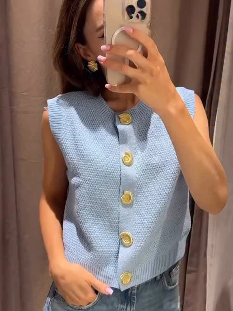 

HH Women Fashion Simple Solid Crew Neck Single-Breasted Vest Slim Sweater Top Female Elegant 2-Color Knitted Sleeveless Tops