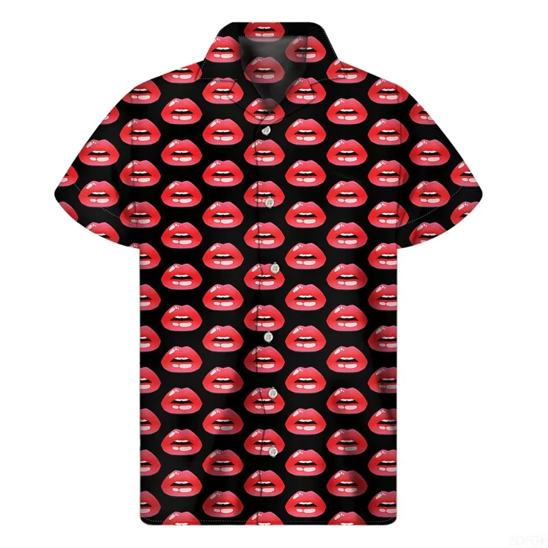 

Fashion Red Lips 3d Printed Shirt Men Women Summer Vacation Loose Short Sleeves Hawaiian Tee Shirts Button Lapel Aloha Blouse