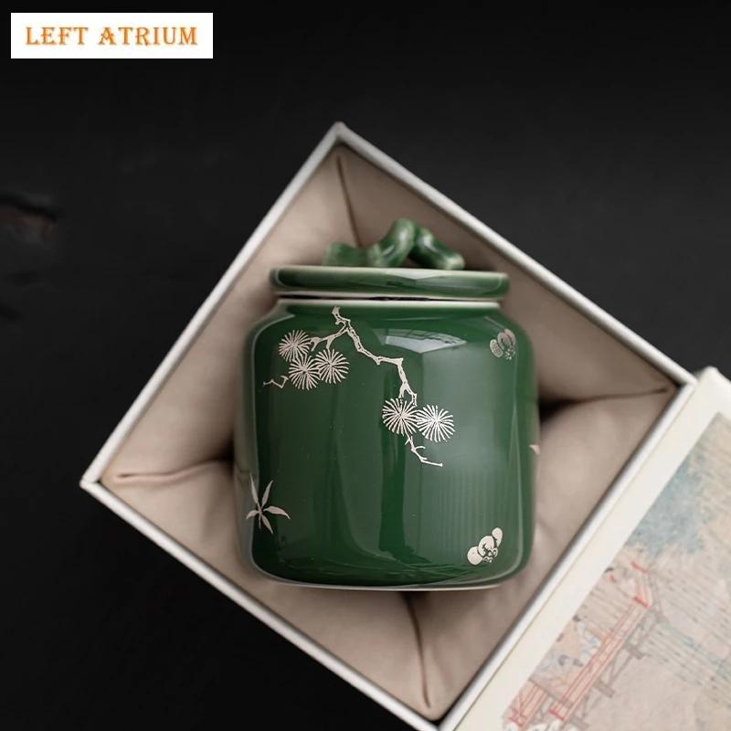 

Small Pine Green Portable Tea Box Organizer Teaware Bamboo Tea Container Can Jar Storage Ceramic Chinese Plum Blossom Tea Caddy