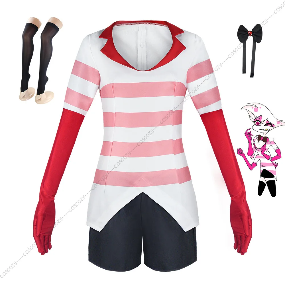 

Angel Dust Cosplay Fantasy Anime Cartoon Hotel Disguise Costume Gloves Bow Tie Pink Dress Outfit Women Halloween Role Play Cos