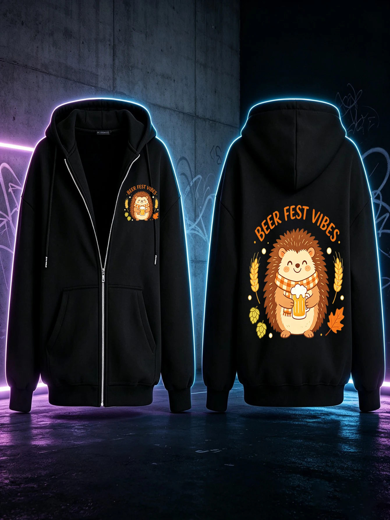 Unisex Beer Fest Vibes Cute Hedgehog Beer Mug Wheat Hop Maple Leaf Graphic Zip Up Hoodie Casual Loose Drawstring Hoodacket Fall