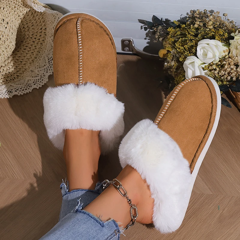 2023 Winter Warm Fur Indoor Home Slippers Women Faux Suede Closed Toe Couple Slippers Woman Comfort Soft Sole House Shoes Slides