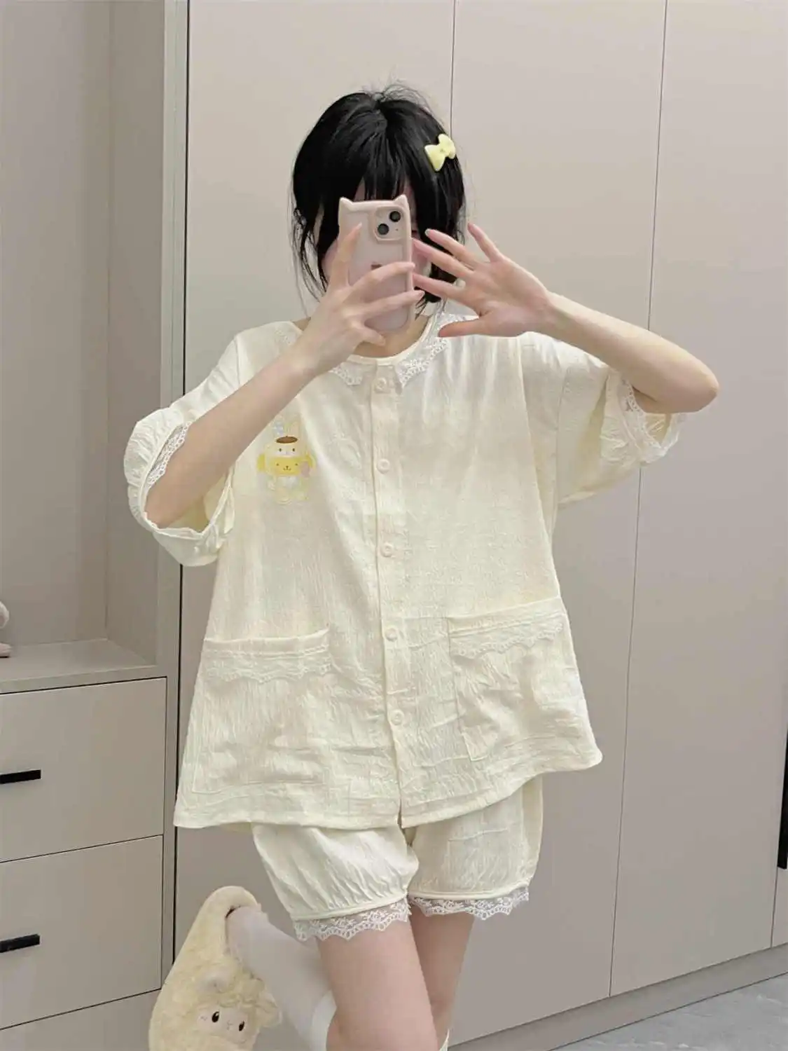 

Sanrio Lady Pajama Pompom Purin Pyjama Shorts Short Sleeve Sleepwear Summer Pijama Cartoon Nightwear Student Home Wear 2 Piece
