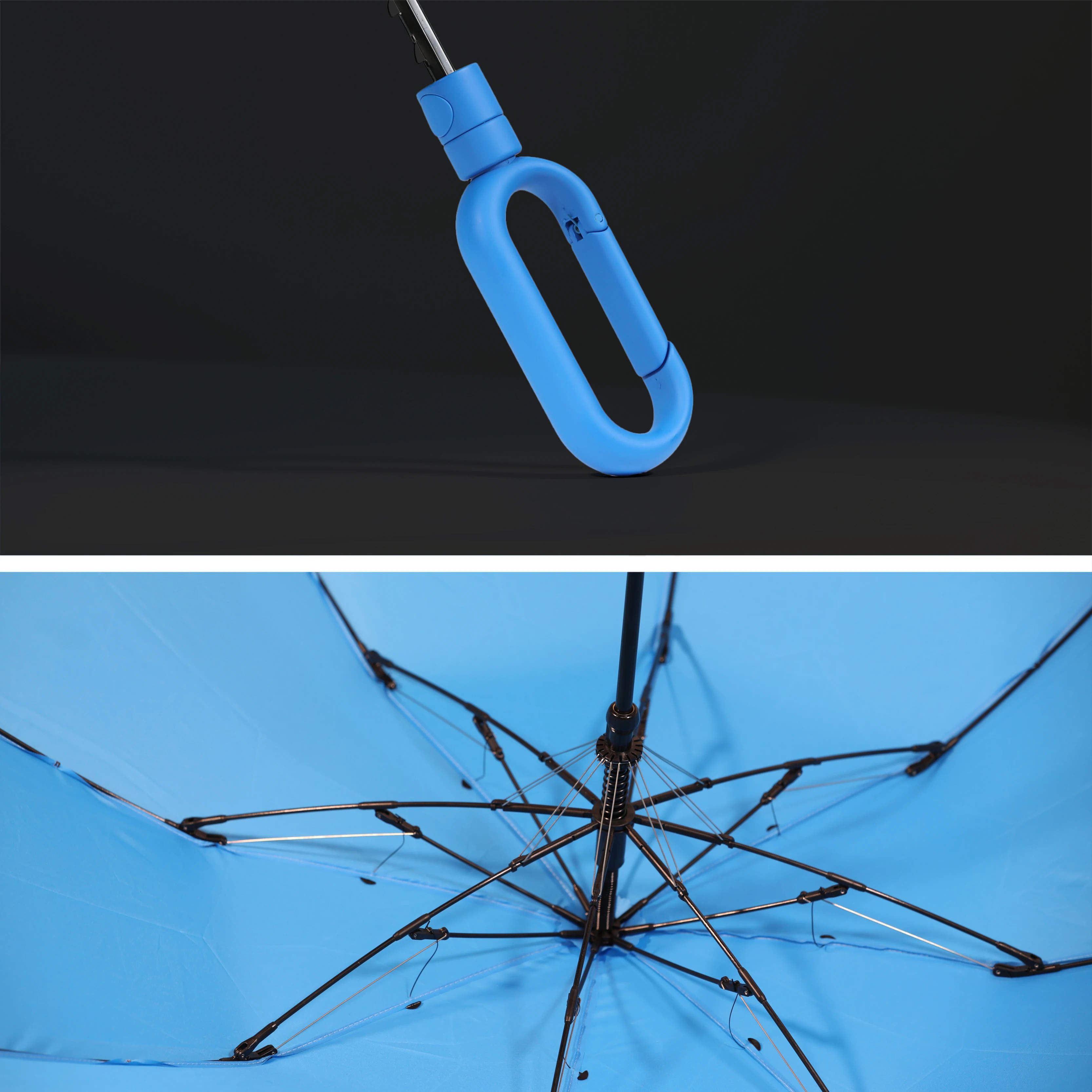 Carabiner Automatic Folding Umbrella with Reflective Stripe Portable Travel Umbrella Wind and Rain Resistant Reinforce Parasol