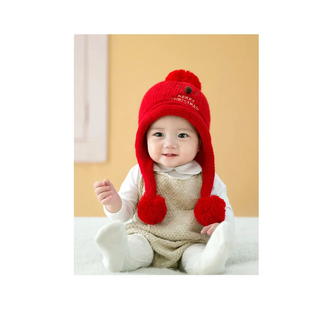 

Baby Christmas Hat Knit Winter Warm Beanie Reindeer Design Red Thick Crochet Earflap Hat for Toddlers Kids Boys Girls