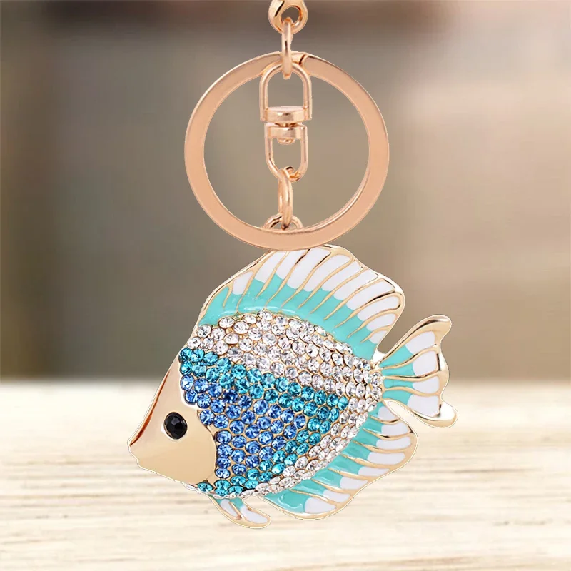 Cute Rhinestone Crystal Blue Goldfish Keychain Animal Fish Key Chain Key Ring Holder Bag Pendant Accessories Keyring