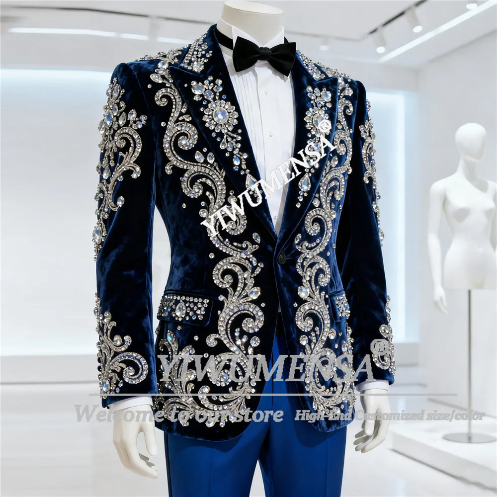 

Королевский синий бархатный костюм для мужчин, комплект из 2 предметов, блейзеры для жениха с бриллиантами и бисером, мужские смокинги для деловой вечеринки, костюм Homme