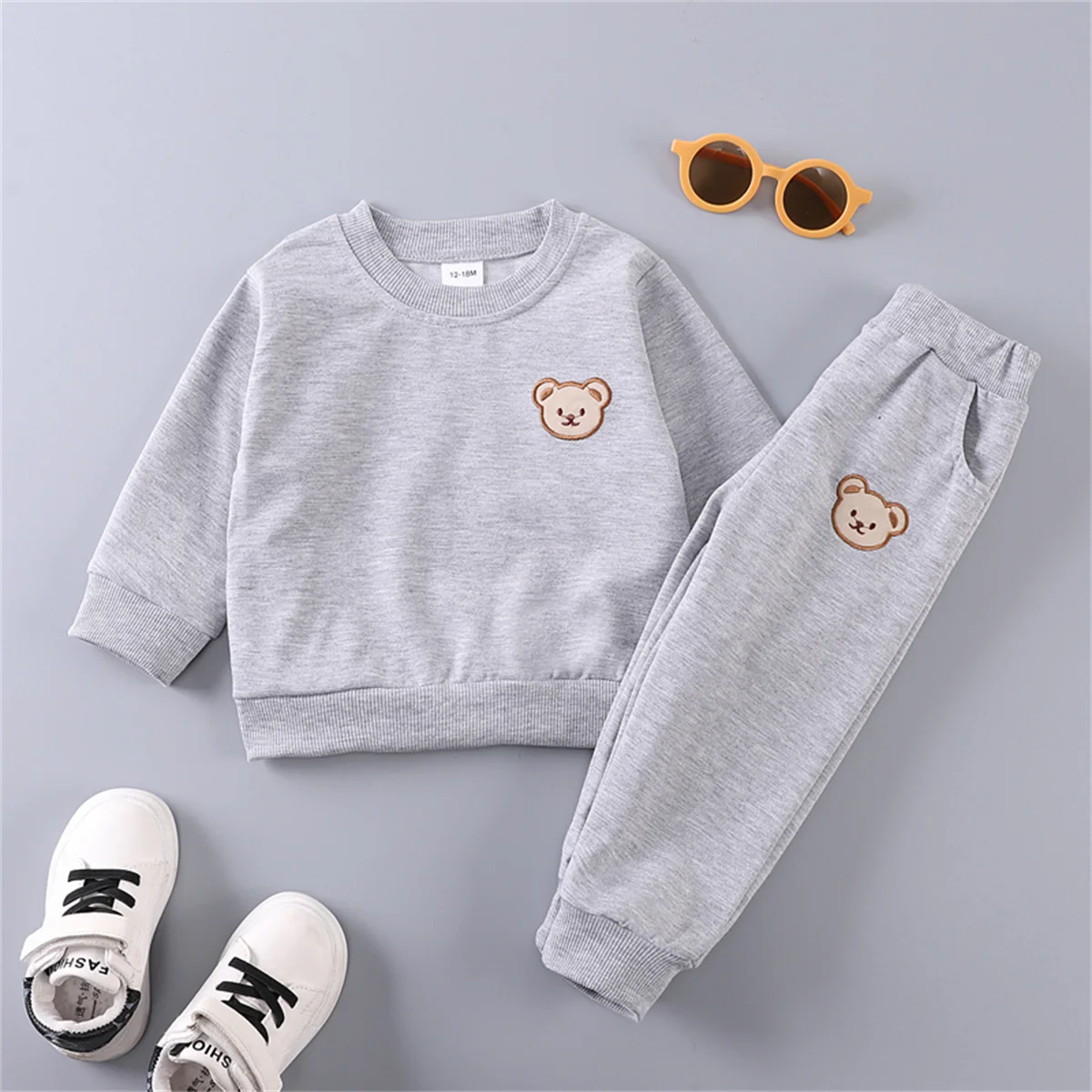 2PCS Spring and Autumn Baby Children's Long sleeved Simple Solid Color Polyester Little Bear Embroidered Hoodie Set of Two