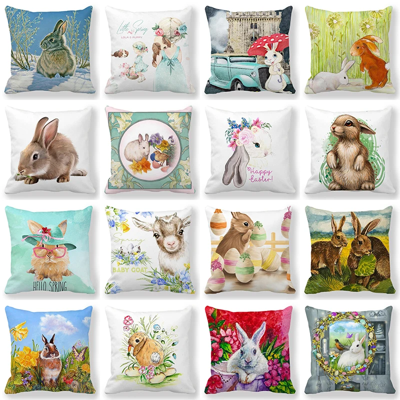 Easter Bunny Print Cushion Cover Spring Easter Egg Hare Pillowcase Home Decoration 40/45/50/60cm