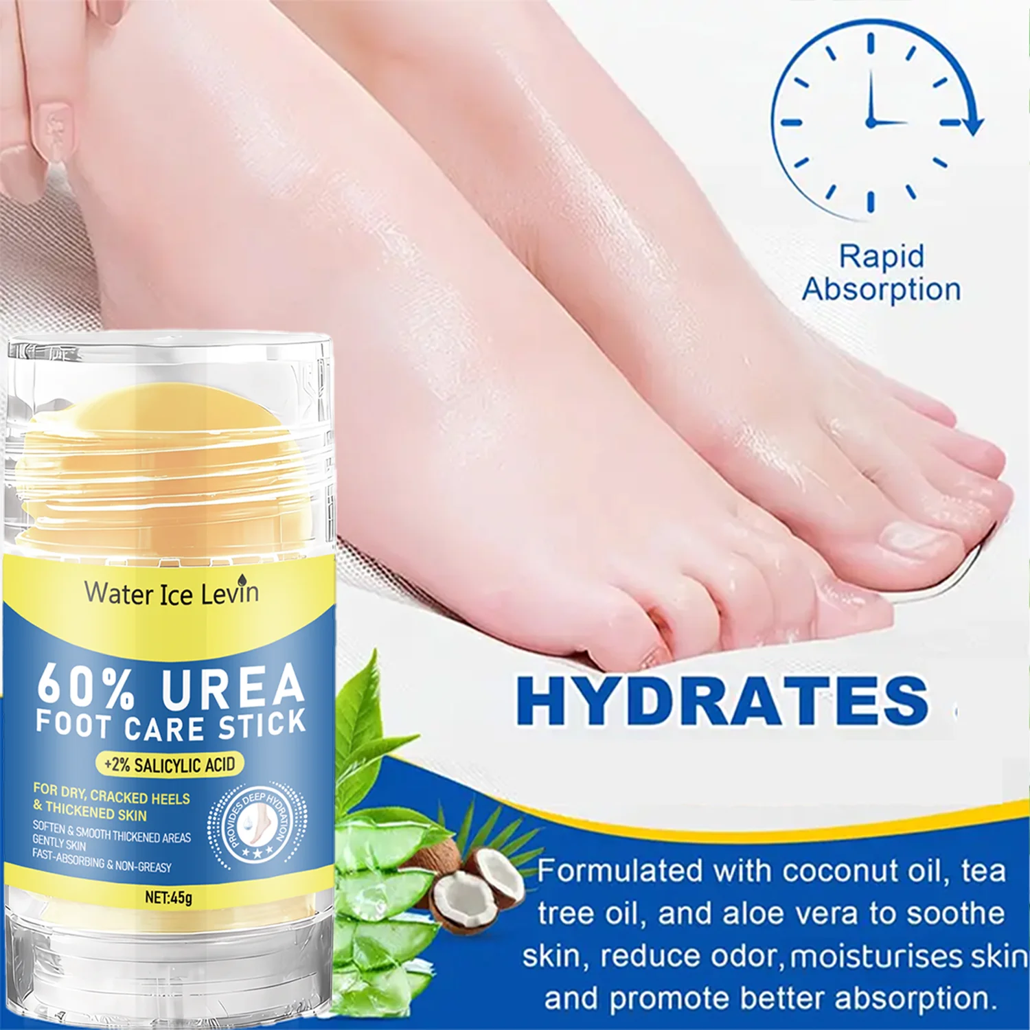 60% Urea Foot Care Stick. 2% Salicylic Acid. Softens Cracked Heels, Smooths Thickened Skin. Non-Greasy. Tea Tree Coconut Oils.
