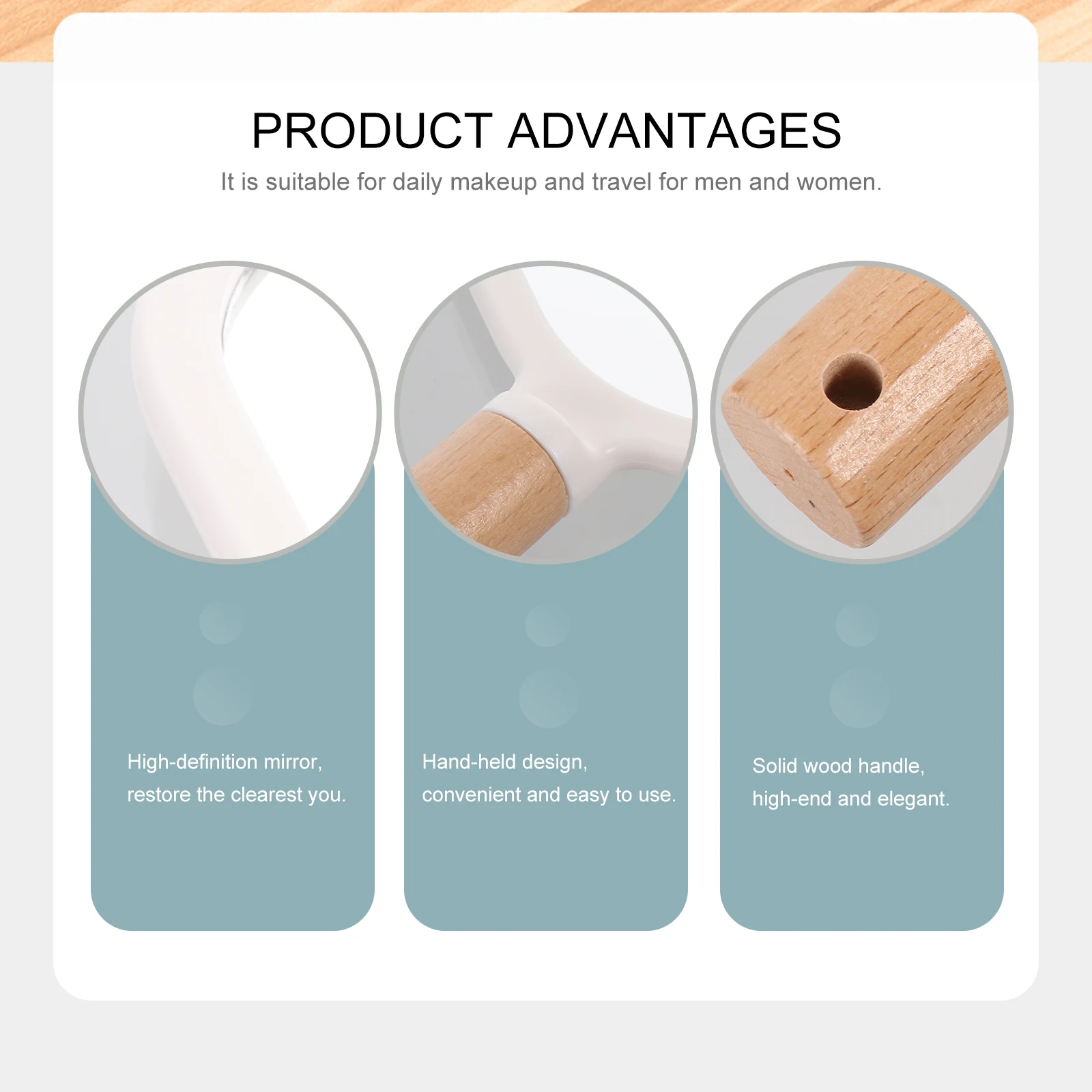 

1 pc Solid Wood Handle Makeup Portable Hd Handheld For Travel Daily Use Unisex Wood For Women Men Bathroom Mirror