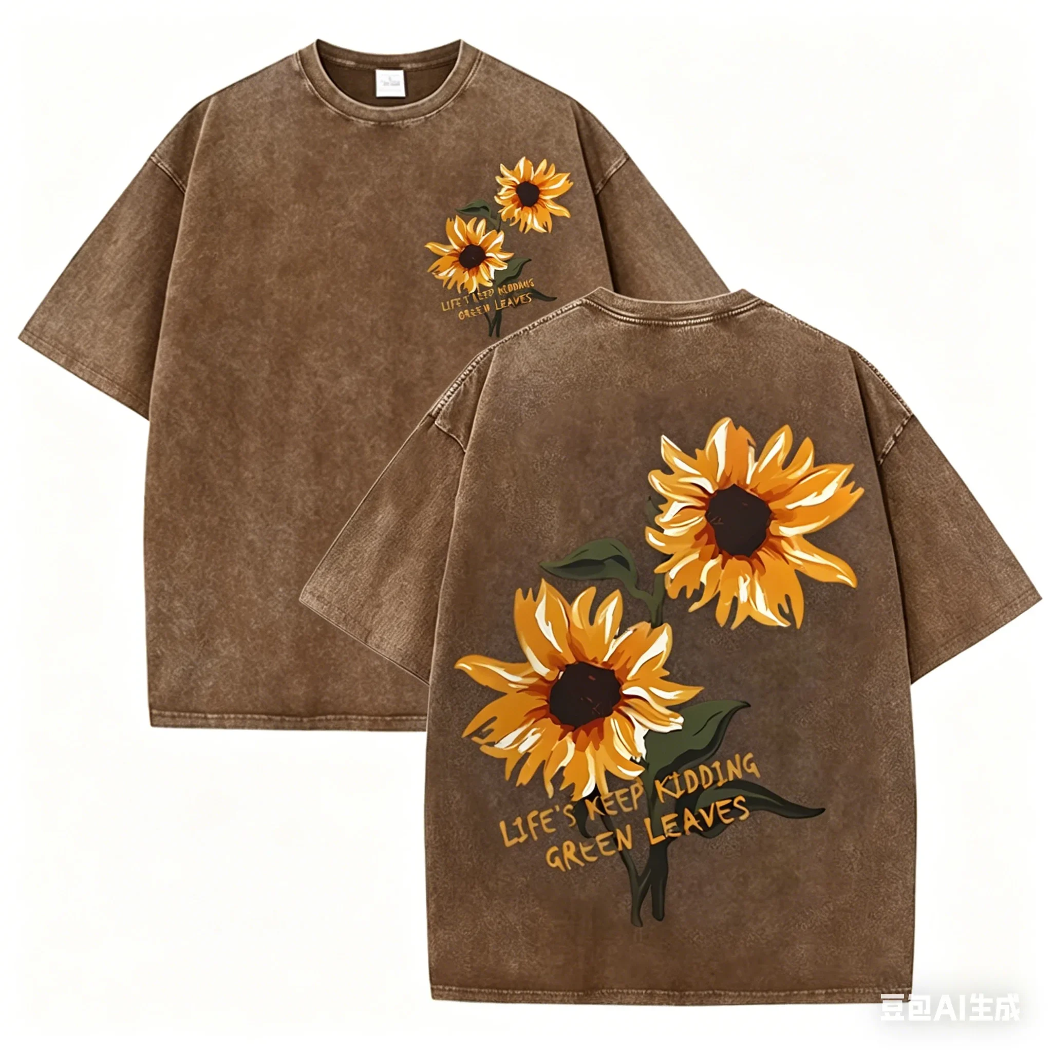 Retro Sonnenblumen-Grafik T-Shirt Grün Acid Wash Lässige Streetwear Unisex Tee – Detail 6