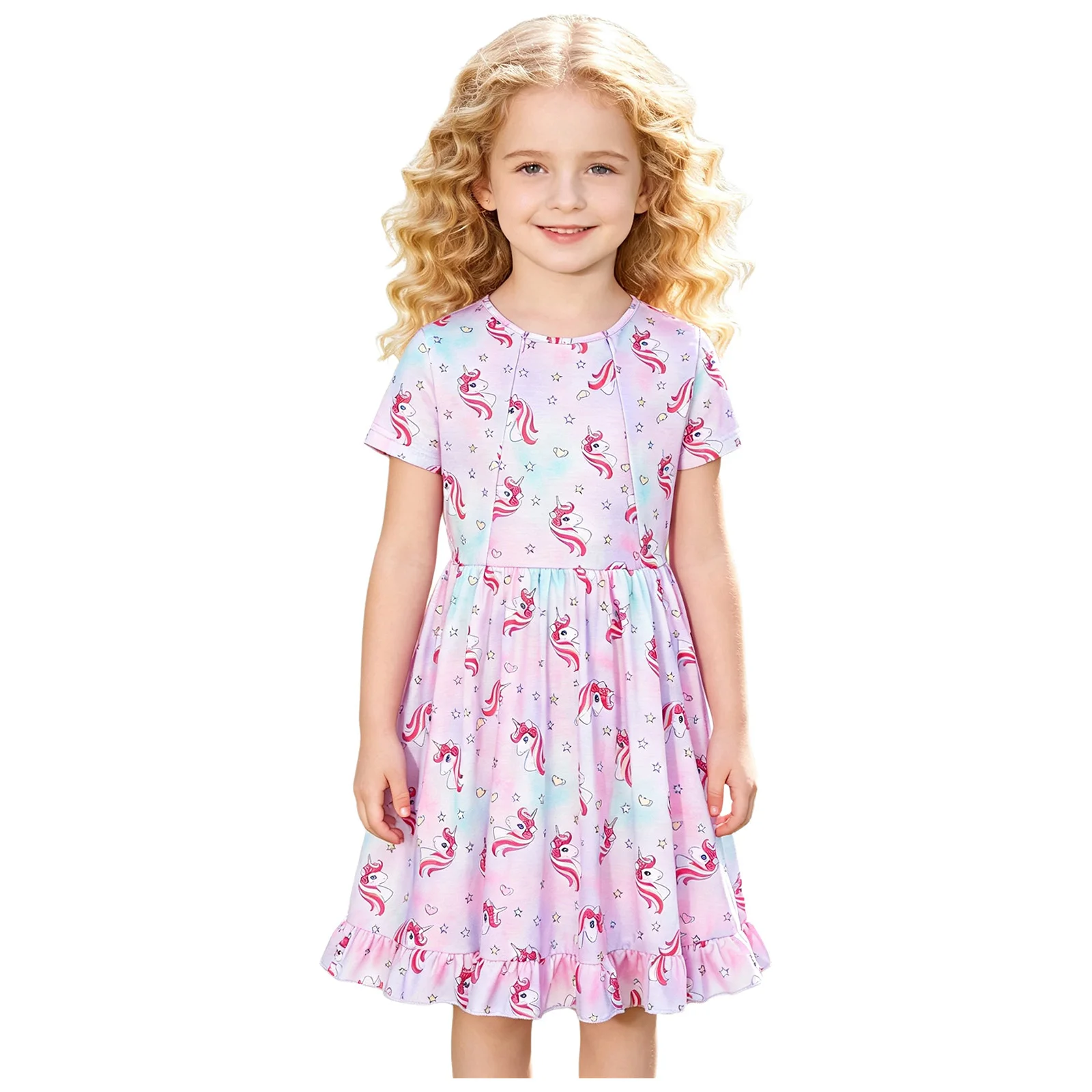 Kids Girls Cute Printed Loose Ruffle Dress Short Sleeve Front Zipper Chest Treatment Dress Special Needs Patient Nursing Gown
