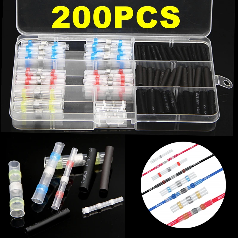 200PCS Insulated Solder Seal Butt Connector Electrical Cable Wire Crimp Terminals  Heat Shrink Tubing  Assorted Kit