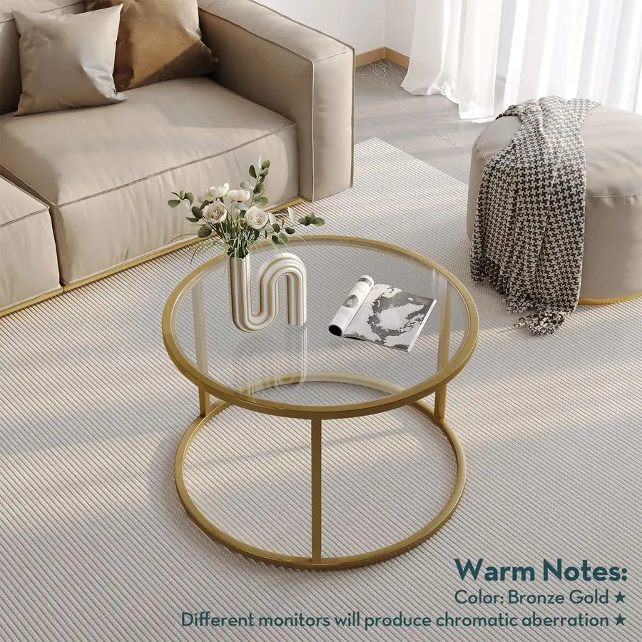 Small Glass Coffee Table Round Gold Coffee Table for Small Space Modern Simple Center Table with Gold Frame for Liv Customizable