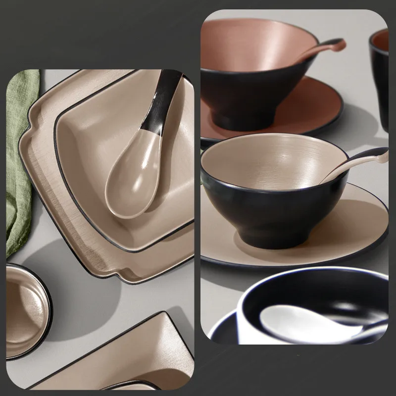 Two-color Melamine Tableware Bowl Dish Spoon Cup Four-piece Set Japanese-style Sushi Restaurant Barbecue Kitchen Cutlery Set