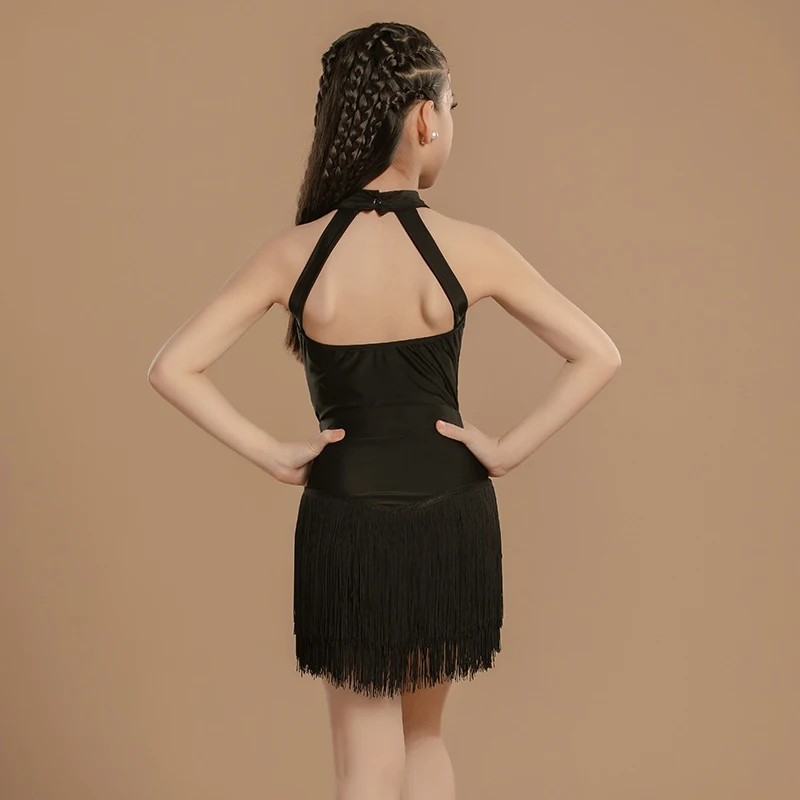 Robes de concours de danse latine pour filles, robe noire à franges, vêtements d'entraînement de danse pour enfants, SL12312