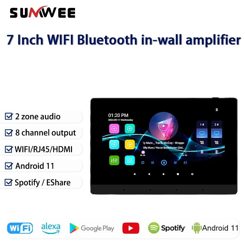 7inch touch screen system wifi smart home bluetooth sound in wall amplifier 2zone audio 8*25W Background music player panle HDMI