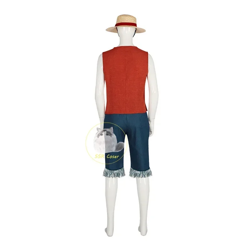 Disfraz de Cosplay de película de Luffy para hombres y mujeres, camisa, pantalones, sombrero, traje de fiesta de Halloween, Anime, Monkey D