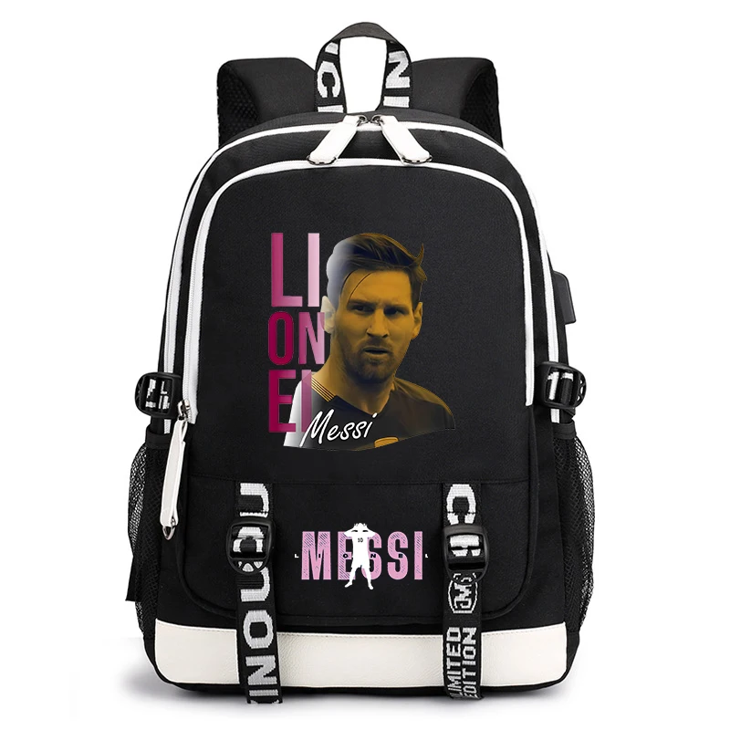 Mochila escolar con estampado de messi para estudiantes, bolsa de viaje para exteriores con usb, juvenil