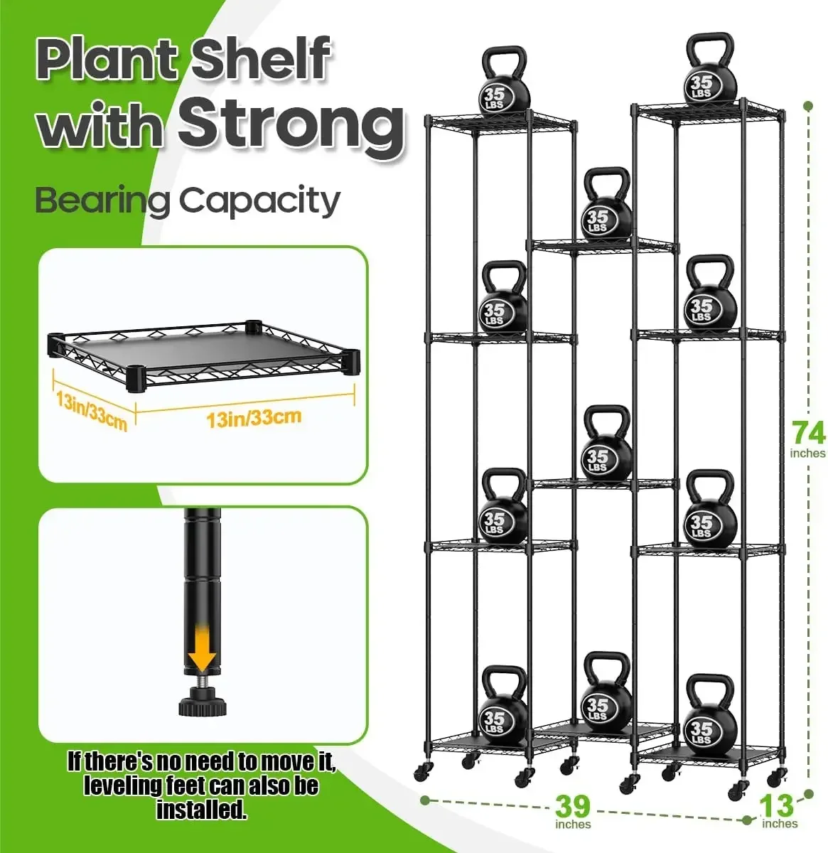 

74'' Tall Plant Stand with Wheels, Shelf Height Adjustable Metal Plant Shelf for 11 Potted Plants, DIY Assembly Indoor & Outdoor