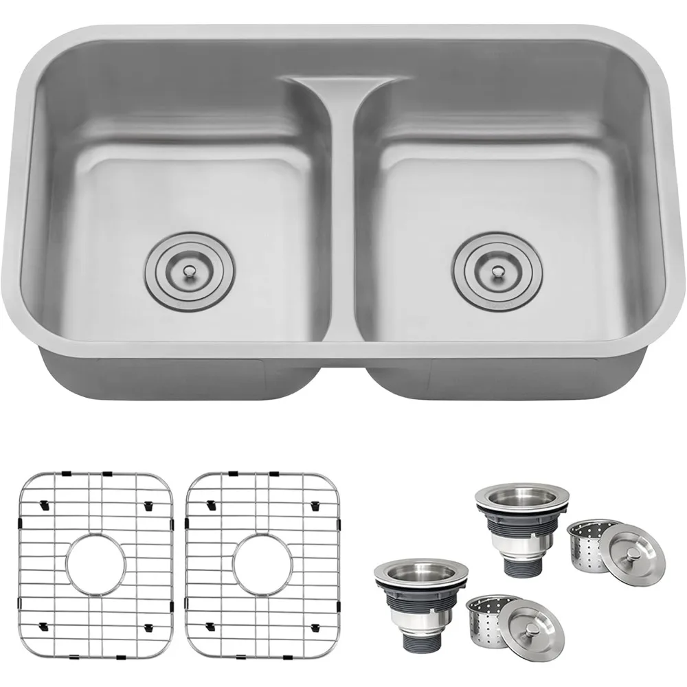 

32-inch Undermount Kitchen Sink – 50/50 Double Bowl Kitchen Sinks, 16 Gauge T-304 Stainless Steel Kitchen sink with Brush
