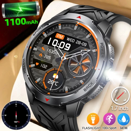LIGE 1100mAh batería grande reloj inteligente 1,7 ""pantalla completa táctil Bluetooth Smartwatch hombres Monitor de ritmo cardíaco durante el sueño relojes con brújula