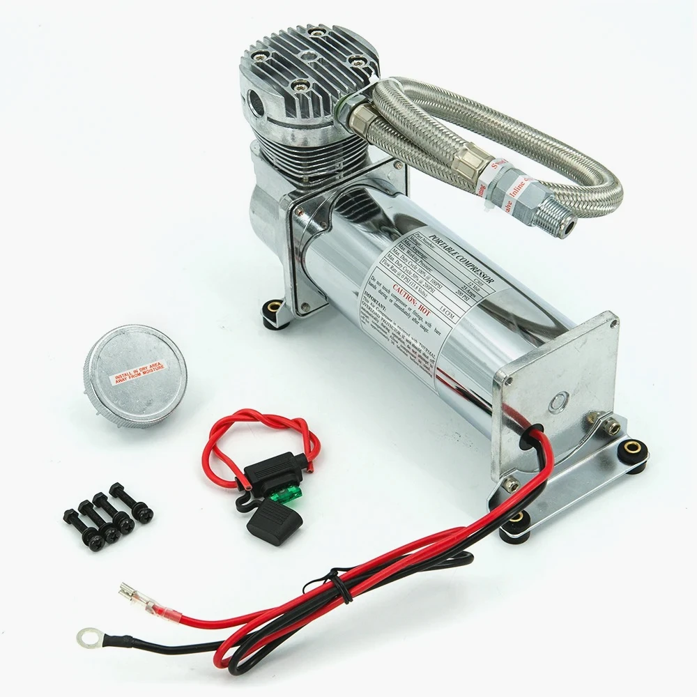 

PL-Kit bomba compresor suspensión neumática, Universal 3/8NPT 1/4NPT 200PSI 480C 12V, Cromo/negro