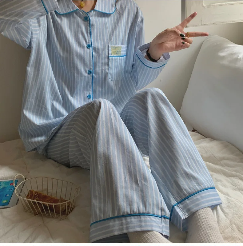 Blue Stripe Trousers Suit Cotton Nightwear Female Sleepwear Loungewear Elastic Waist Pajamas Set 2Pcs Home Clothes Autumn New