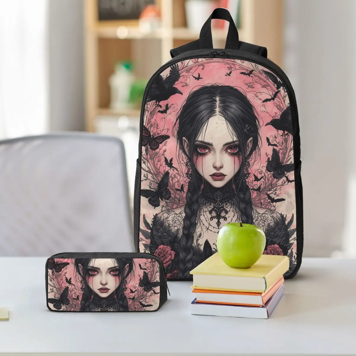 Gothic Girl Violet Black Mystical Style Backpack Boys Girls BookBag School Bag Shoulder Bags 3ps Insulated Lunch Bag Pencil Case