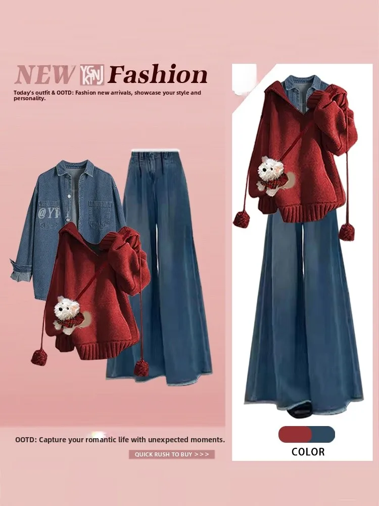 

New Year's Atmosphere Red Knitted Sweater Jeans Wide Leg Pants Three Piece Set Women's Casual Style Autumn Season Fashion