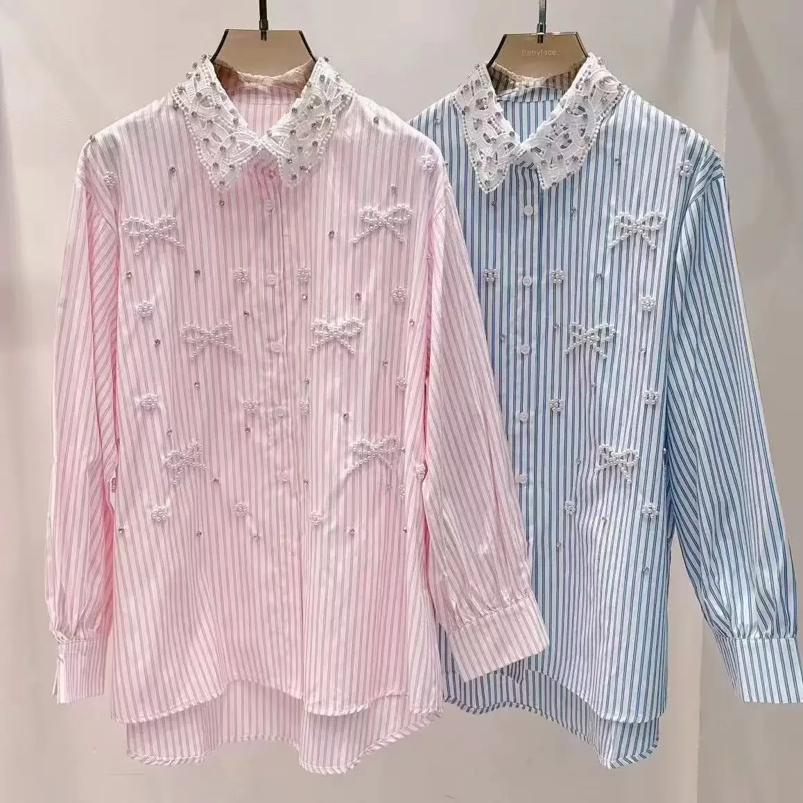 

Chic Spring Summer Women Pearls Diamonds Beaded Striped Shirts 3D Bowties Rhinestones Blouses Long Sleeve Crystal Tops Blusas