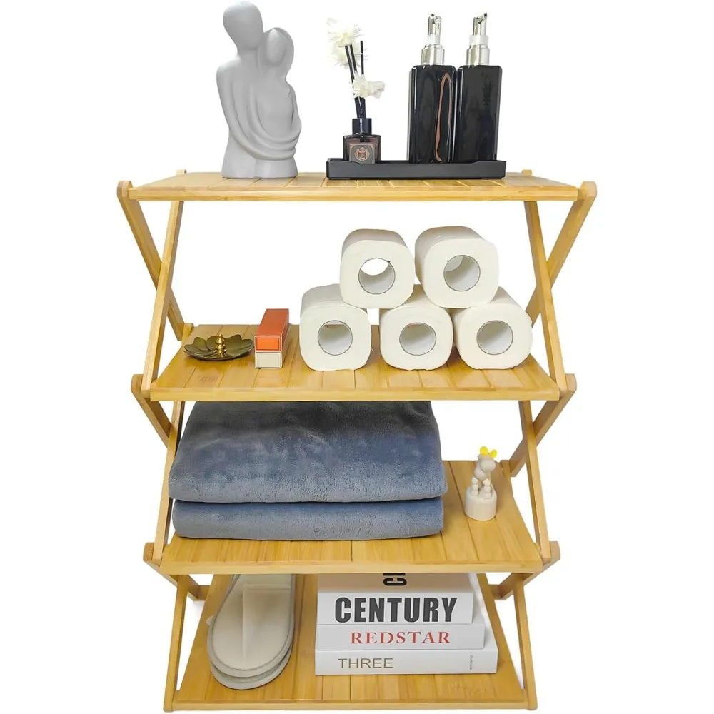 

Folding Flower Rack No Installation Required, Portable, Space Saving, Multi-Purpose Storage Rack (Natural, 4 Tiers)