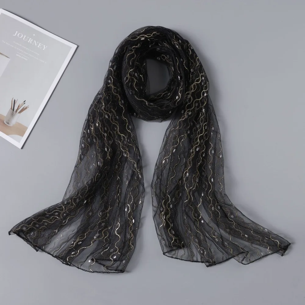 

Мягкий элегантный блестящий шарф, шифоновая длинная кружевная шаль, дышащий женский хиджаб для женщин