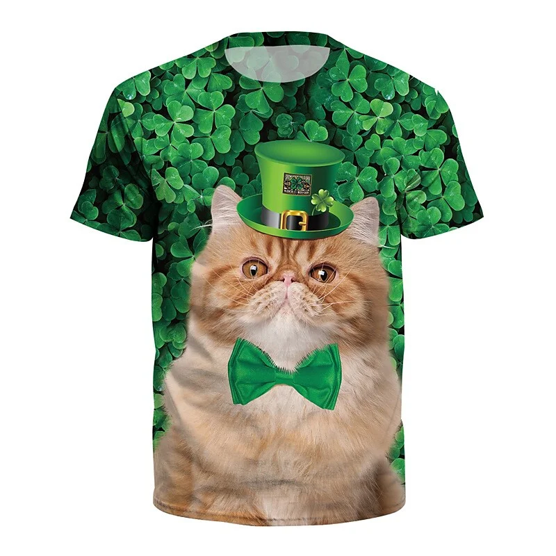 New 3D Dogs Cats Printing T Shirt Green Clover Graphic T-shirts For Men Summer Hawaiian Short Sleeves Y2k Clothing Tee Shirt Top