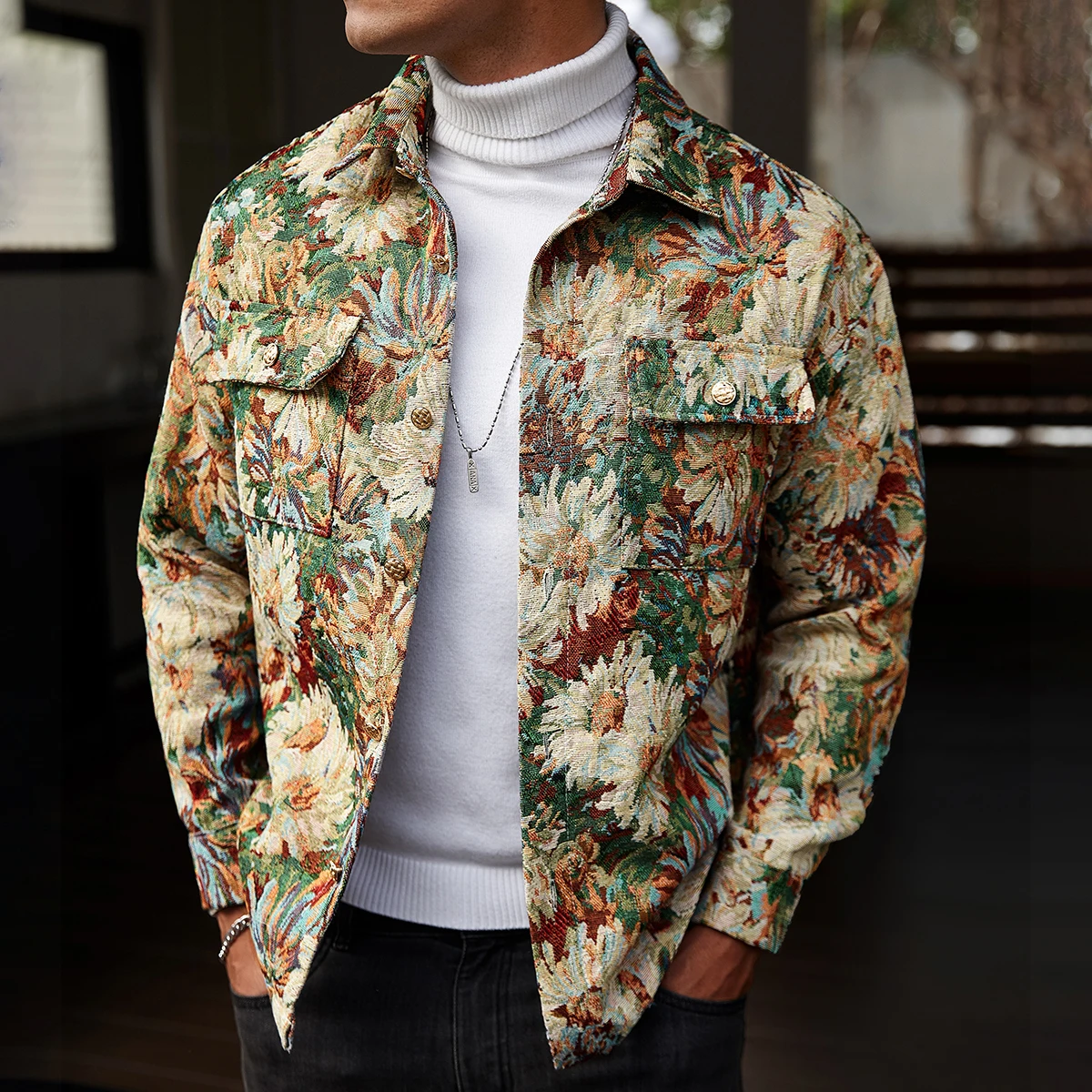 

Модная одежда, мужская приталенная куртка-рубашка с длинными рукавами, дизайн на кнопках, мужская куртка с цветочным принтом: винтажный жаккардовый стиль, осенне-зимняя повседневная куртка с лацканами