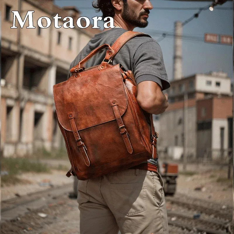 

MOTAORA Vintage Leather Men's Backpack Large Capacity Cowhide Travel Bag 15 Inch Laptop Computer Backpack