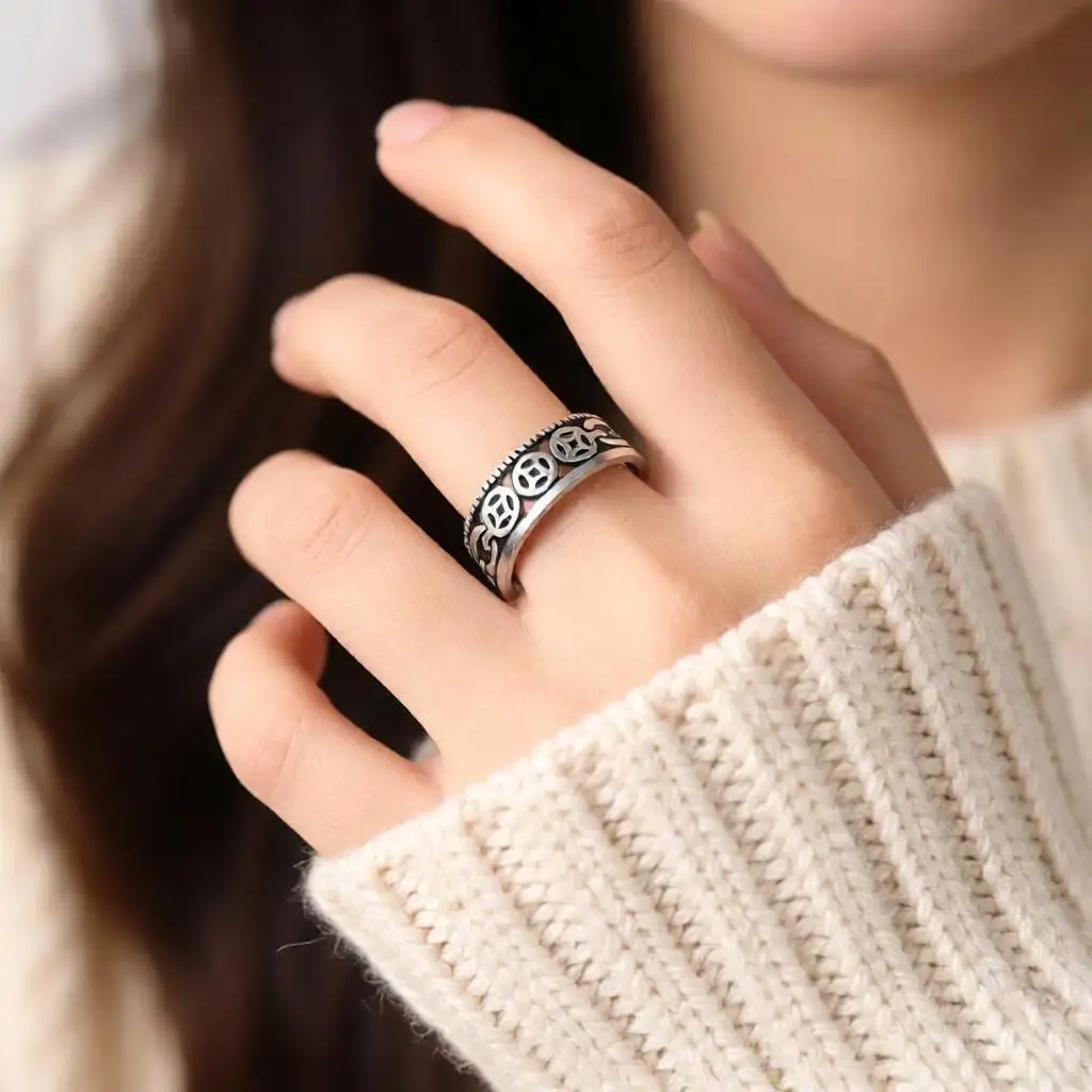 Vintage 925 Sterling Silver Coin Pattern Open Adjustable Finger Rings For Men Women Anniversary Party Jewelry Gifts Accessory