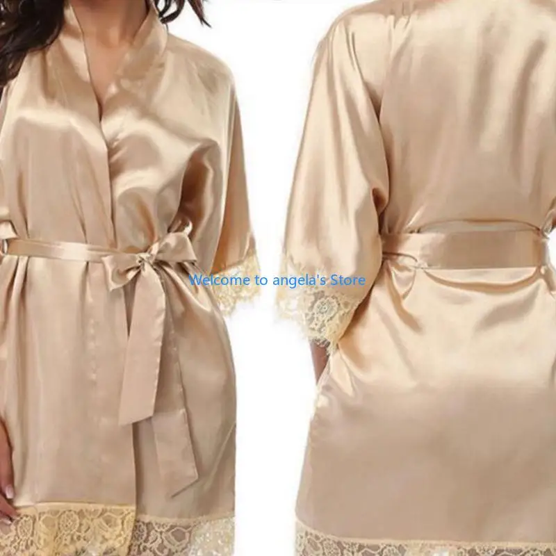 X4YC 3/4 Sleeve Faux Ice Silk Bathrobe with Lace Trim for Women Belted Kimono Robe