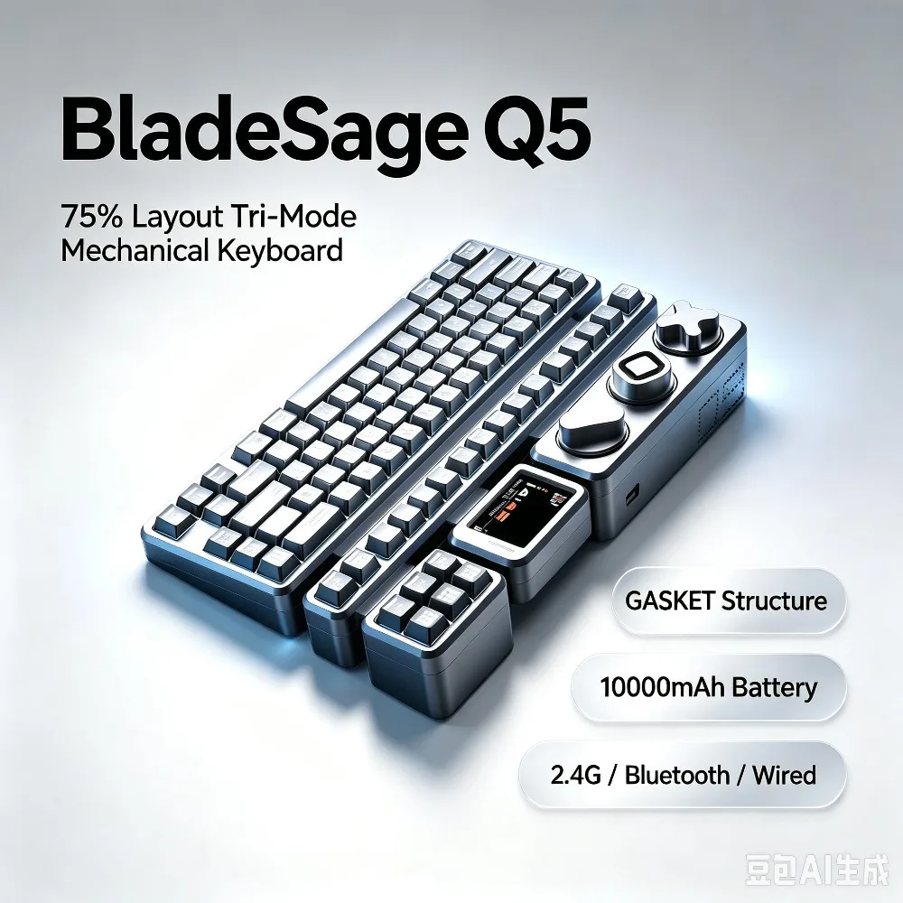 Limited Edition Bladesage Q5 Mechanical Keyboard Wired Bluetooth 2.4G 3Knob Display Screen Multi Area Keyboard GRB CNC Case Game