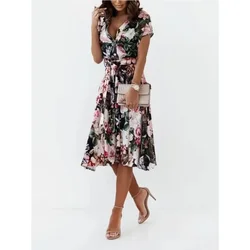 Women's Summer Flower Print V-neck Button Short Sleeve Belt Dress Casual Holiday Party Elegant and Fashionable Dress