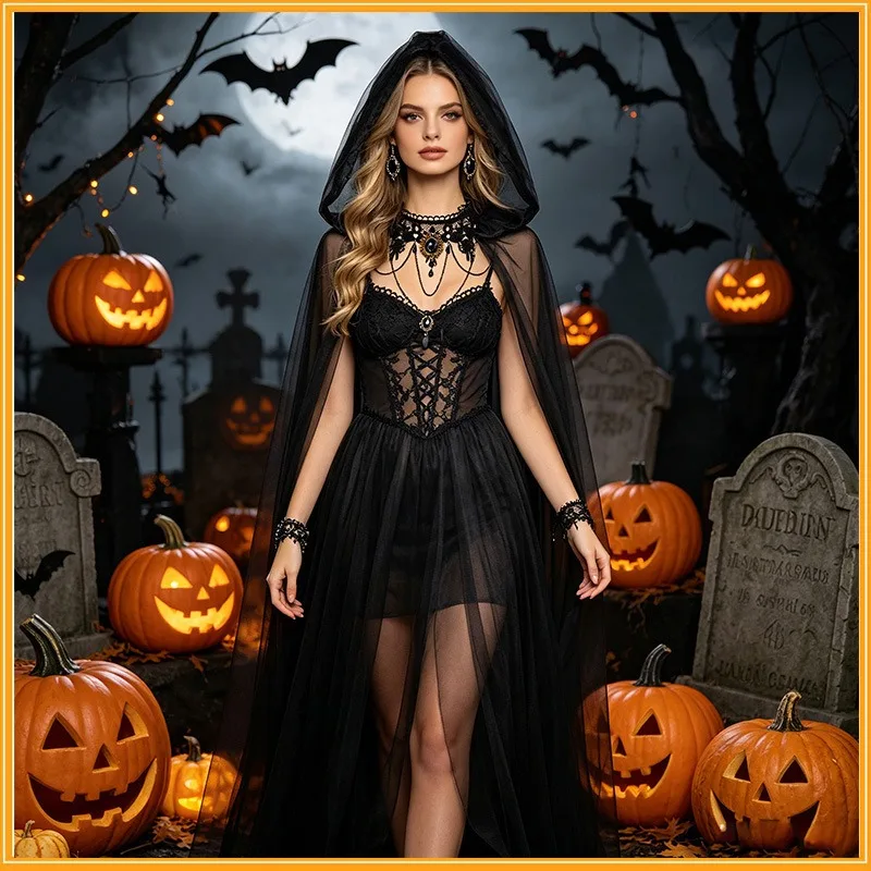 4pcs Dark Gothic Witch Outfit Black Sheer Mesh Cloak Set Unique Matching Accessories For Holiday Masquerade Party
