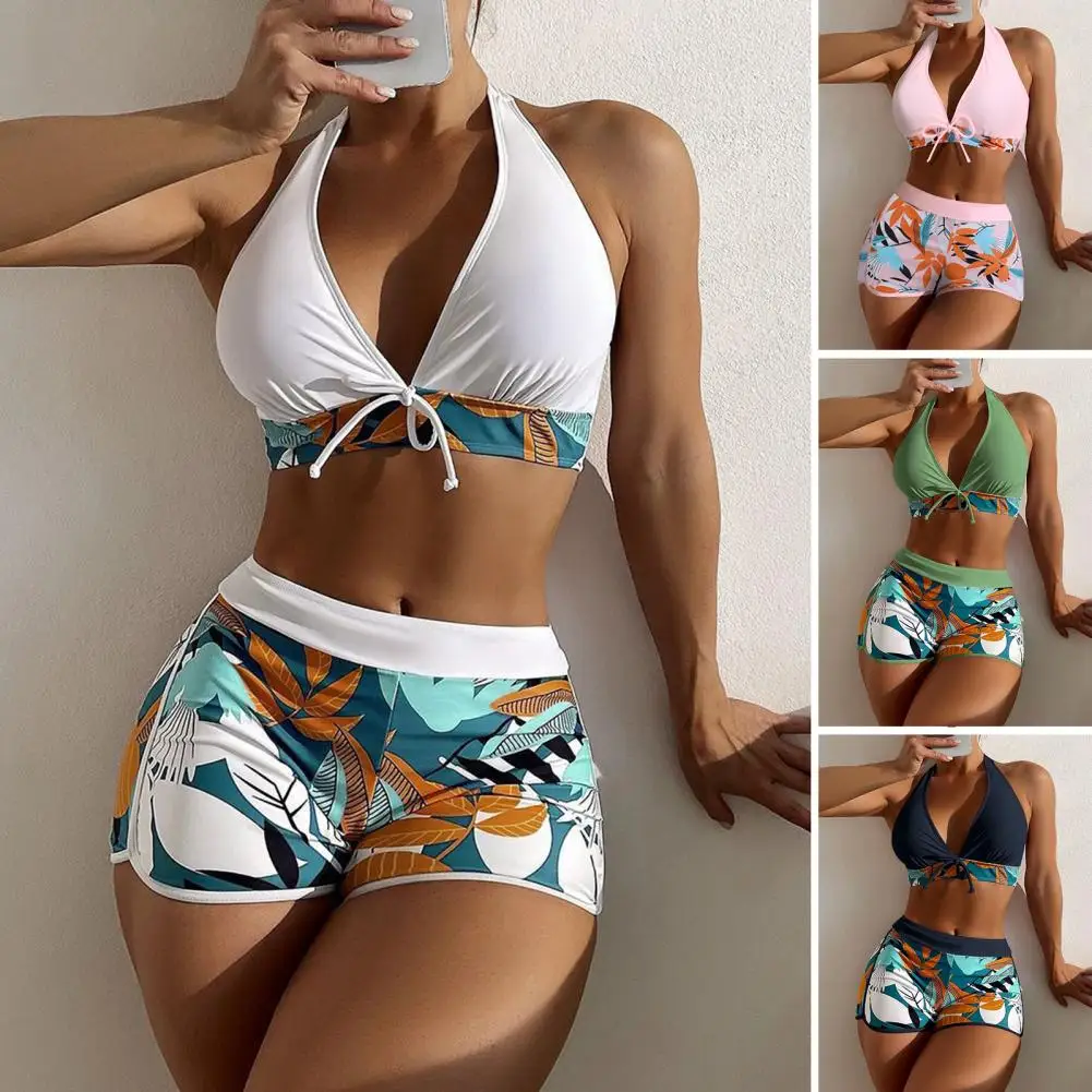 2Pcs/Set Bra Briefs Set Stylish Stretchy Bikini Set Summer Hanging Neck Bra High Waist Shorts Bikini Set Beachwear